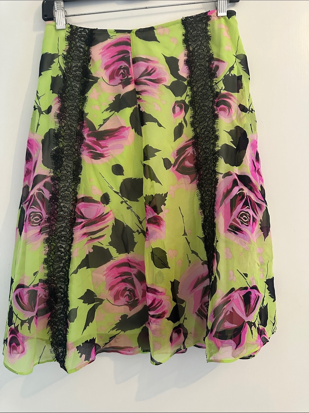 Betsey Johnson Neon Green A-Line Skirt with Pink Rose Print & Black Lace